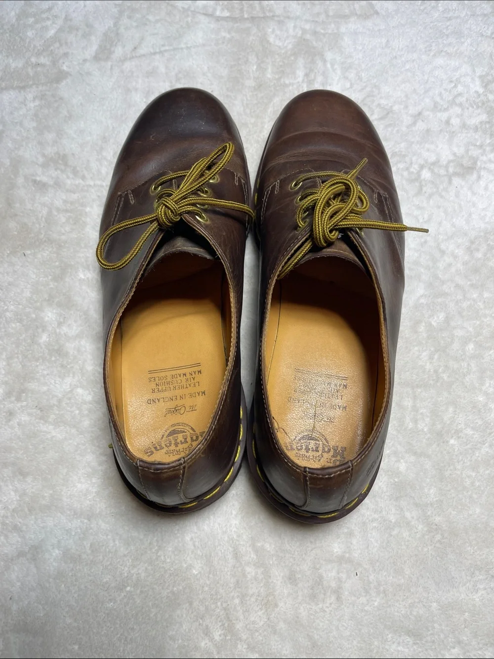 Dr. Martens 1561 Vintage Brown Leather Derby Shoes with Yellow Stitching Size 13